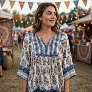 Lucky Brand Hippie Paisley Peasant Blouse Tunic Empire Waist Bell Sleeve Boho